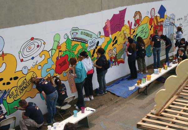 Students painting a wall